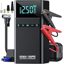 10-in-1 Portable Car Battery Jump Starter with Air Compressor, 6000A 160PSI Portable Car Jumper Starter (All Gas 12L Diesel), 12V Jump Box Car Battery Jump Starter with Jumper Cables, Lights